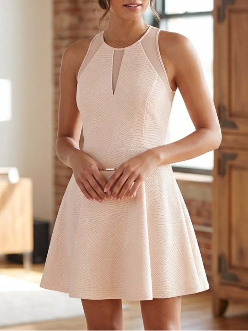 Guess Blush Pink Mesh Yoke A-Line Fit Flair Midi Dress NWT Size 14 run small
